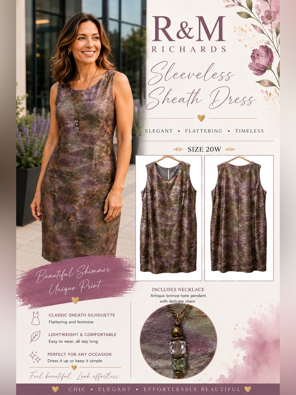 R&M Richards Shimmer Floral Sheath Dress Size 20W + Matching Necklace